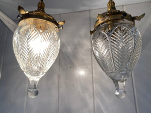 a pair of cut crystal pineapple lampshades c.1910 with original antique brass galleries
