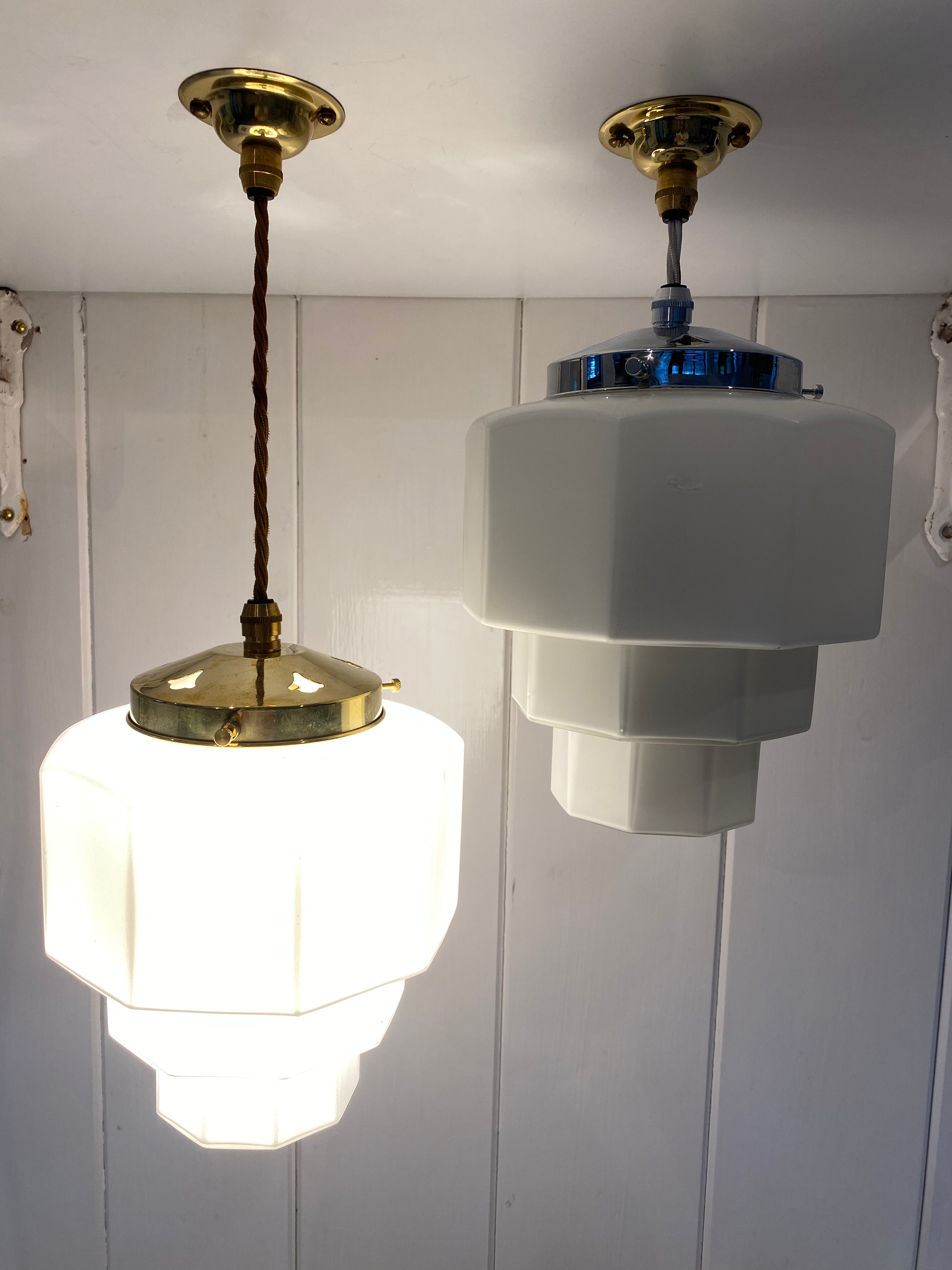 a pair of art deco nonagon (9 sided) milk glass lampshades c.1930