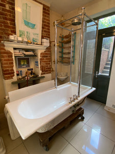 1930's cast iron shower bath with glass screens and chrome plated brassware