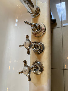 1930's cast iron shower bath with glass screens and chrome plated brassware