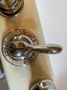 1930's cast iron shower bath with glass screens and chrome plated brassware