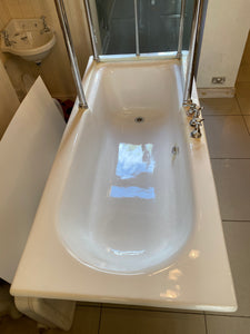 1930's cast iron shower bath with glass screens and chrome plated brassware