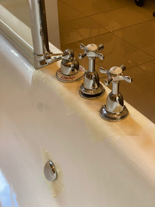 1930's cast iron shower bath with glass screens and chrome plated brassware