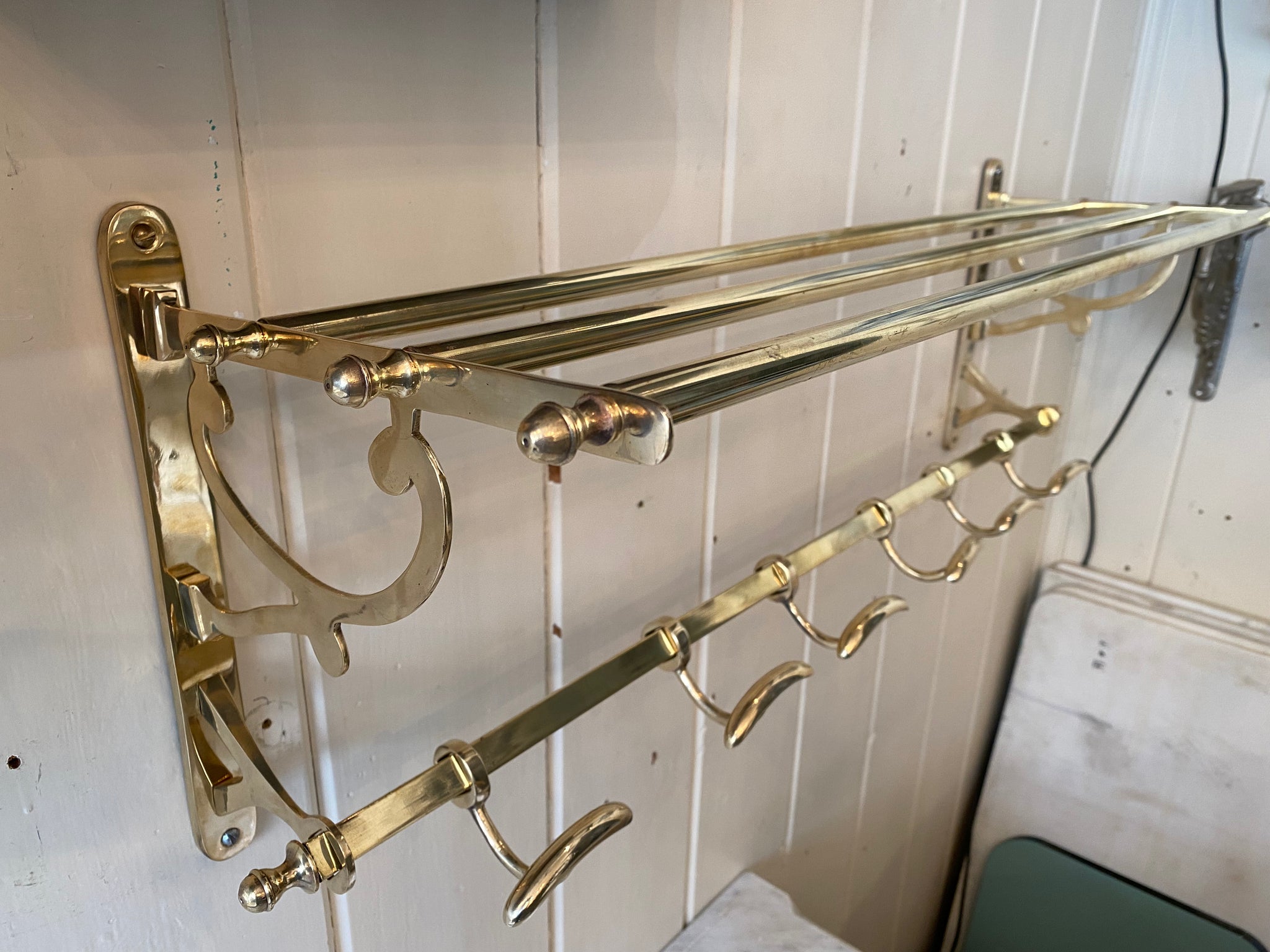 Vintage Wall-Fixing Brass Towel Shelf and Hook Rack C.1930