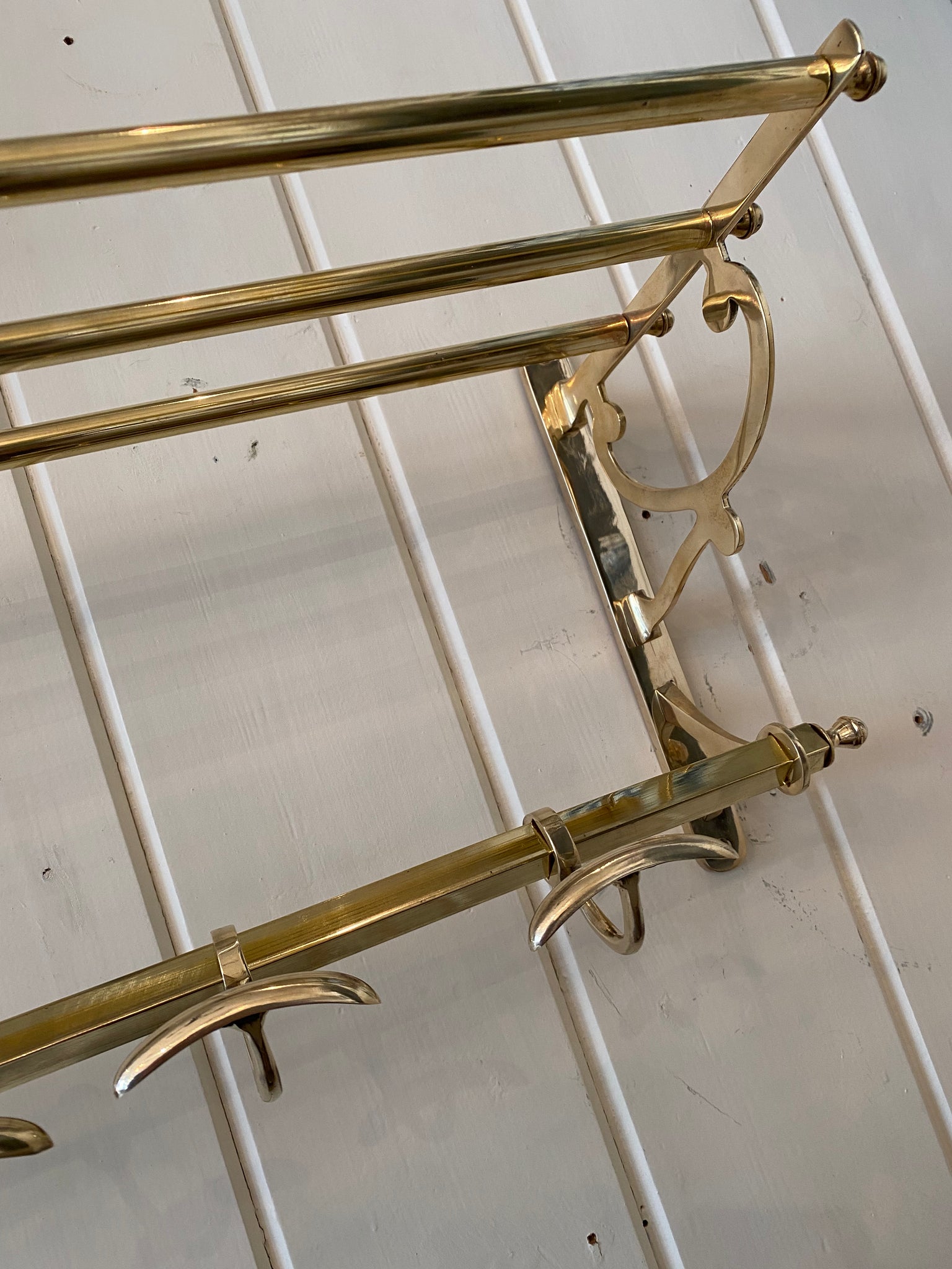 vintage wall-fixing brass towel shelf and hook rack c.1930