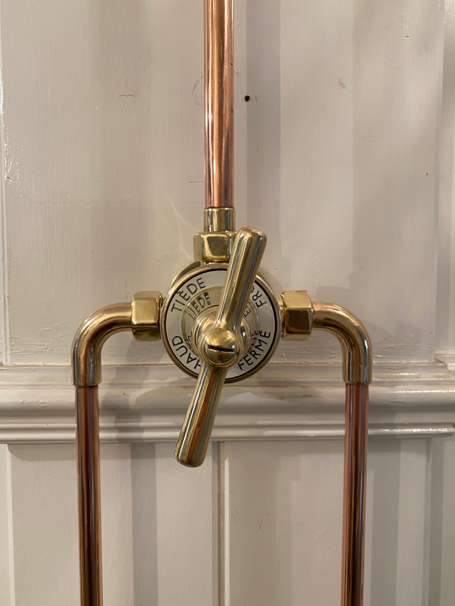 reversible french/english wall-fixing thermostatic shower c. 1950