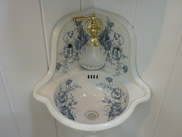 small victorian corner basin with blue floral transfers
