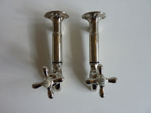 edwardian bib taps with extensions and original wall-mounts in polished nickel plate c.1920