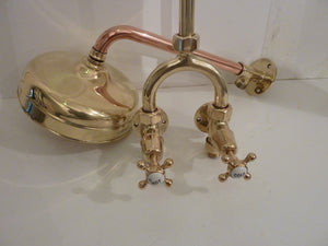 edwardian "wishbone" wall-fixing shower in polished brass